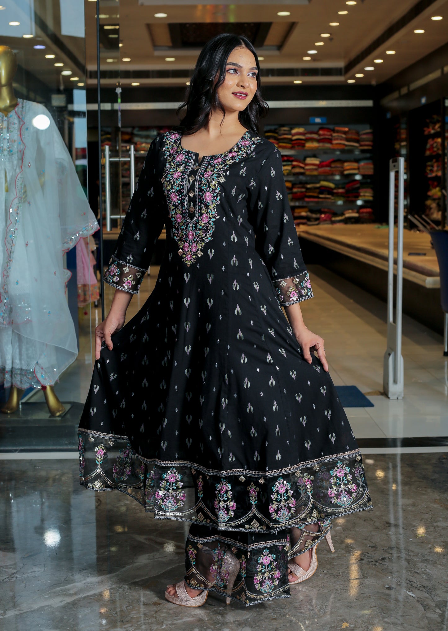 Graceful Black Embroidered Anarkali Set