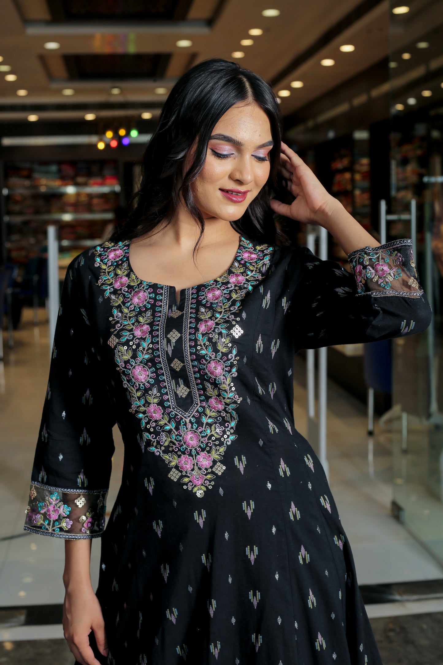 Graceful Black Embroidered Anarkali Set