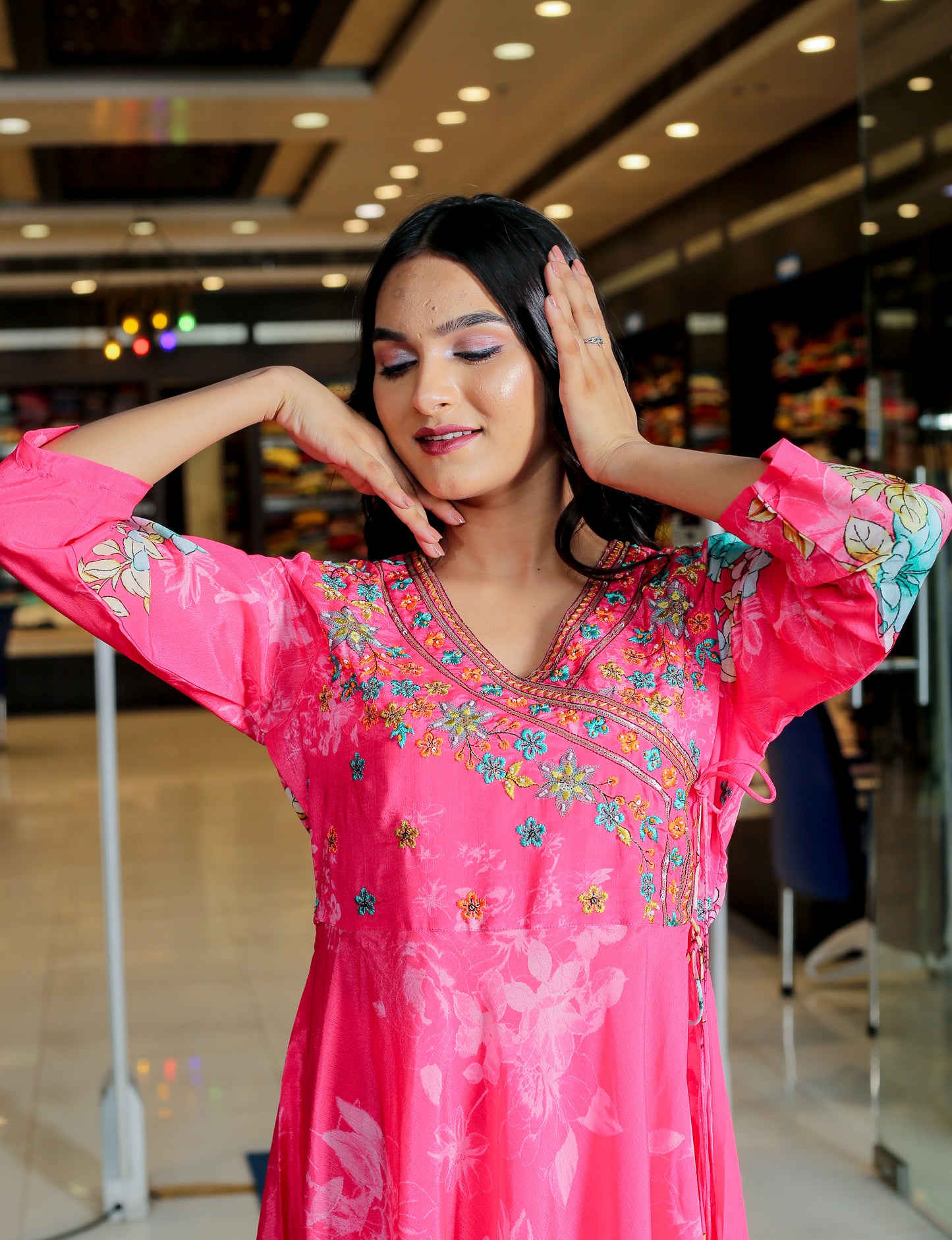 Pink Floral Anarkali Kurta Set