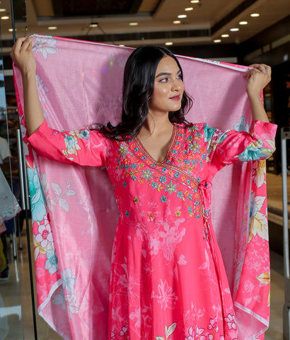 RAMA'S Pink Color Anarkali Cotton Set With Dupatta