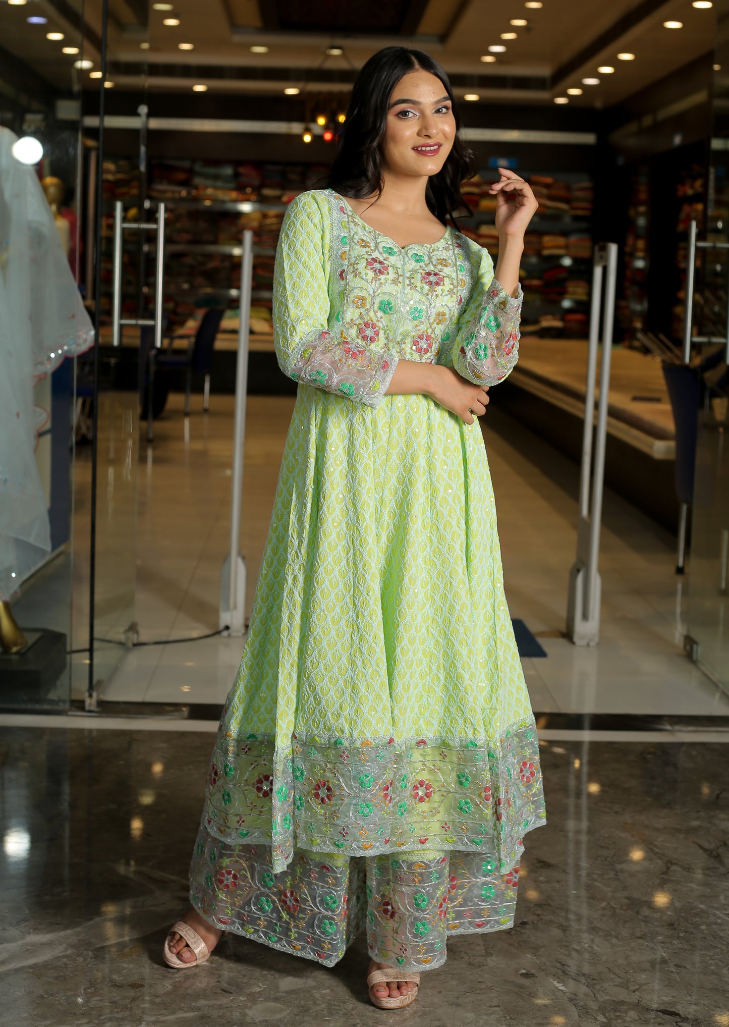 Green Floral Anarkali Kurta Set