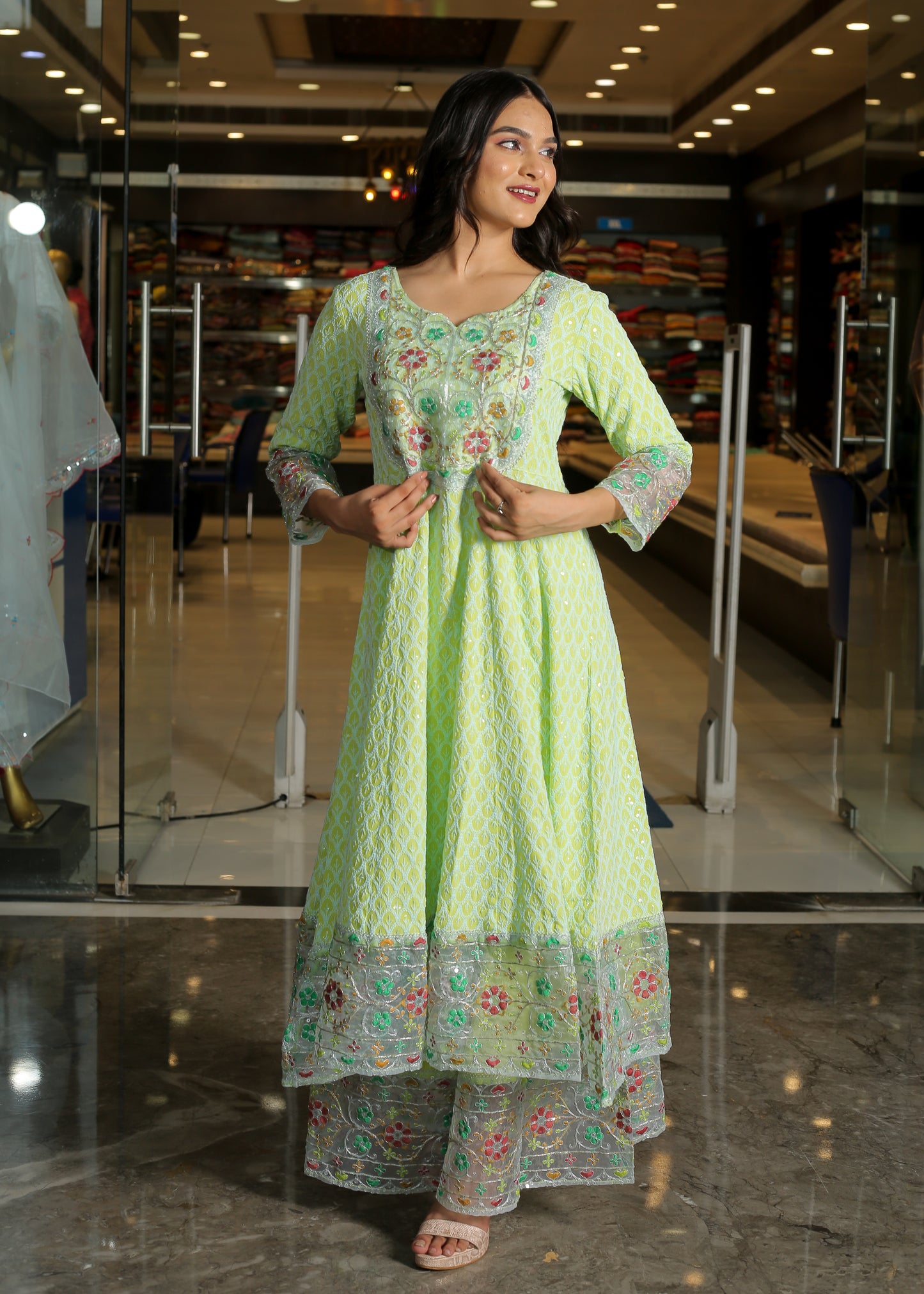 Green Floral Anarkali Kurta Set