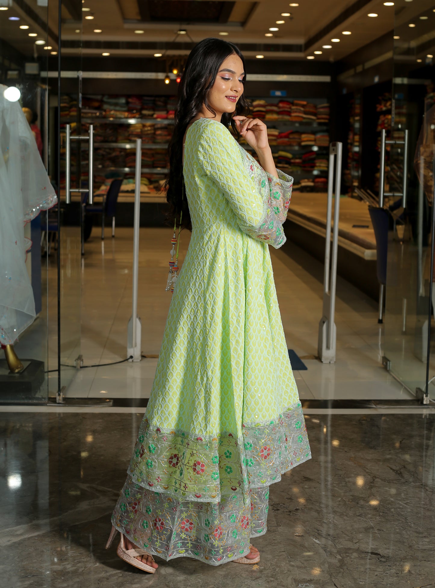 Green Floral Anarkali Kurta Set