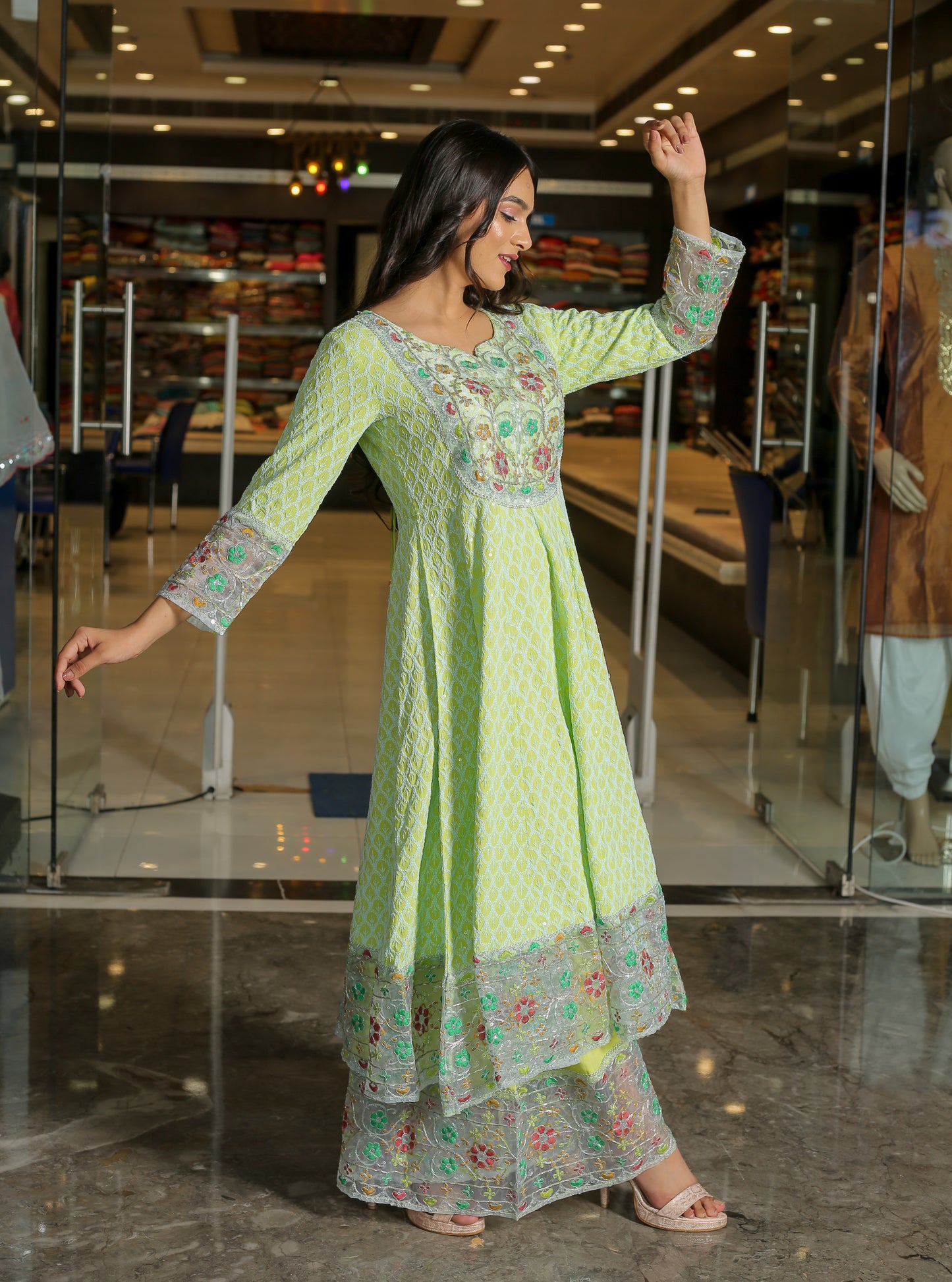 Green Floral Anarkali Kurta Set