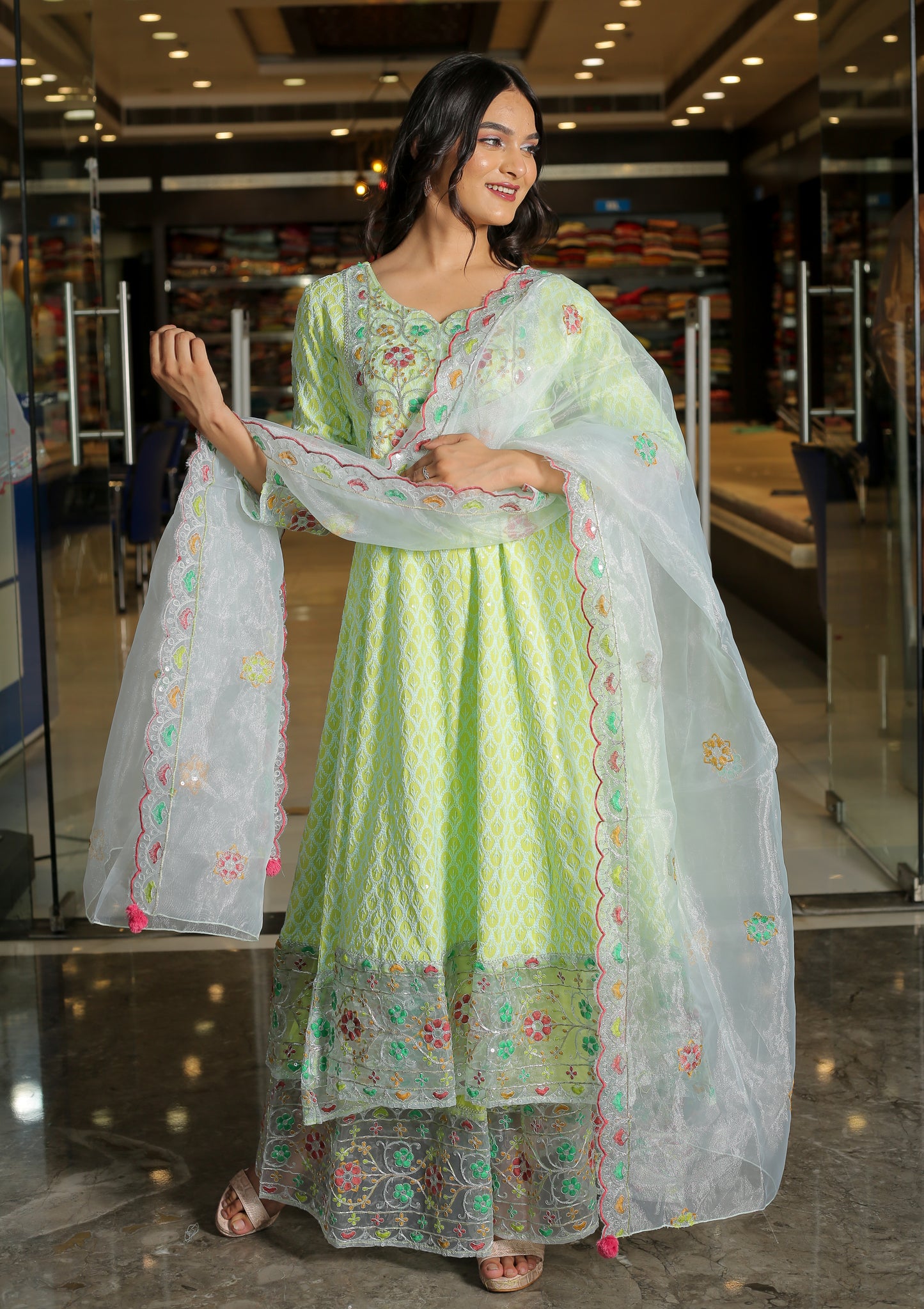 Green Floral Anarkali Kurta Set