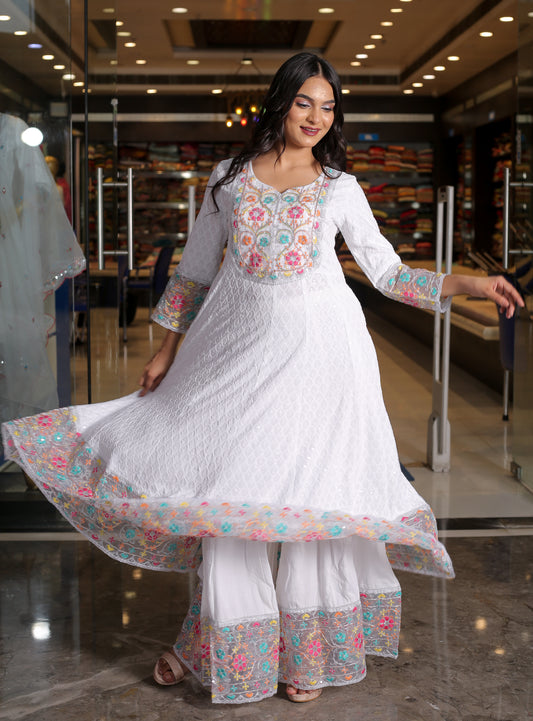 Shweta in White Floral Anarkali Kurta Set