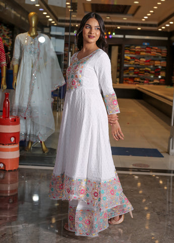 RAMA'S white Color Anarkali Cotton Set With organza Dupatta