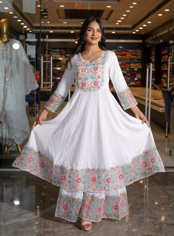 RAMA'S white Color Anarkali Cotton Set With organza Dupatta