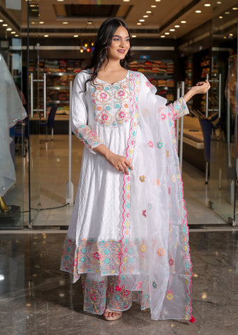 RAMA'S white Color Anarkali Cotton Set With organza Dupatta