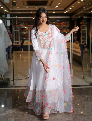 RAMA'S white Color Anarkali Cotton Set With organza Dupatta