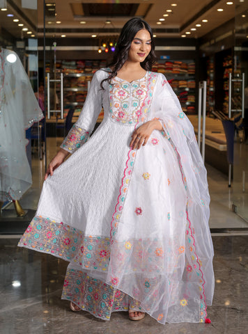 RAMA'S white Color Anarkali Cotton Set With organza Dupatta