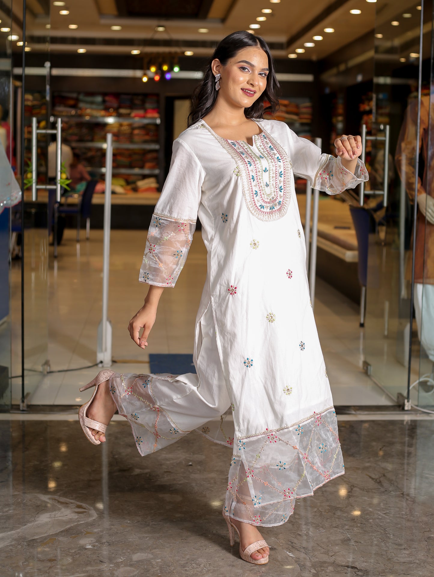 Graceful White Floral Anarkali Kurta Set