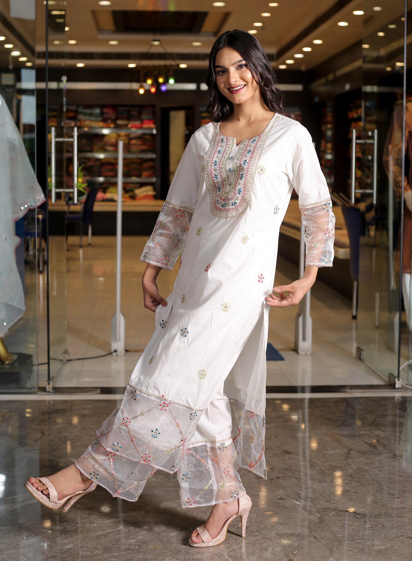 Graceful White Floral Anarkali Kurta Set