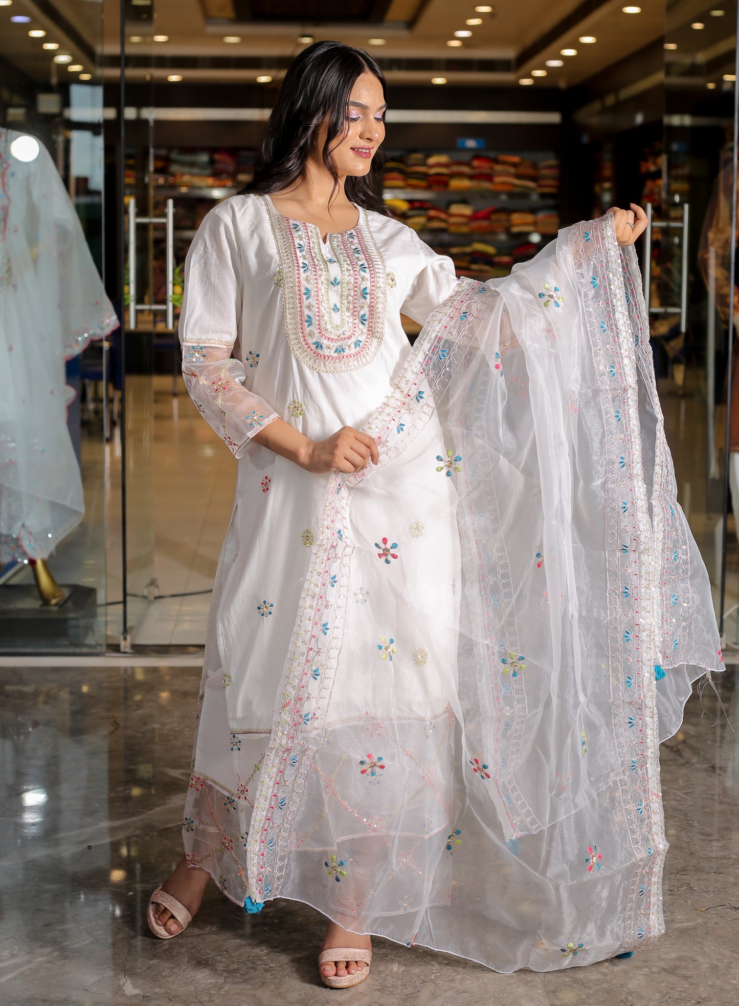 Graceful White Floral Anarkali Kurta Set