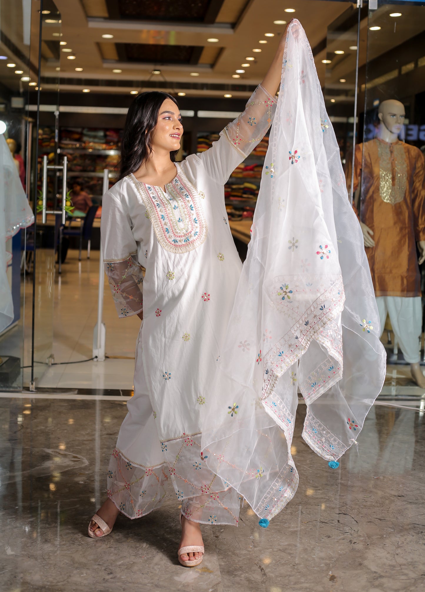 Graceful White Floral Anarkali Kurta Set