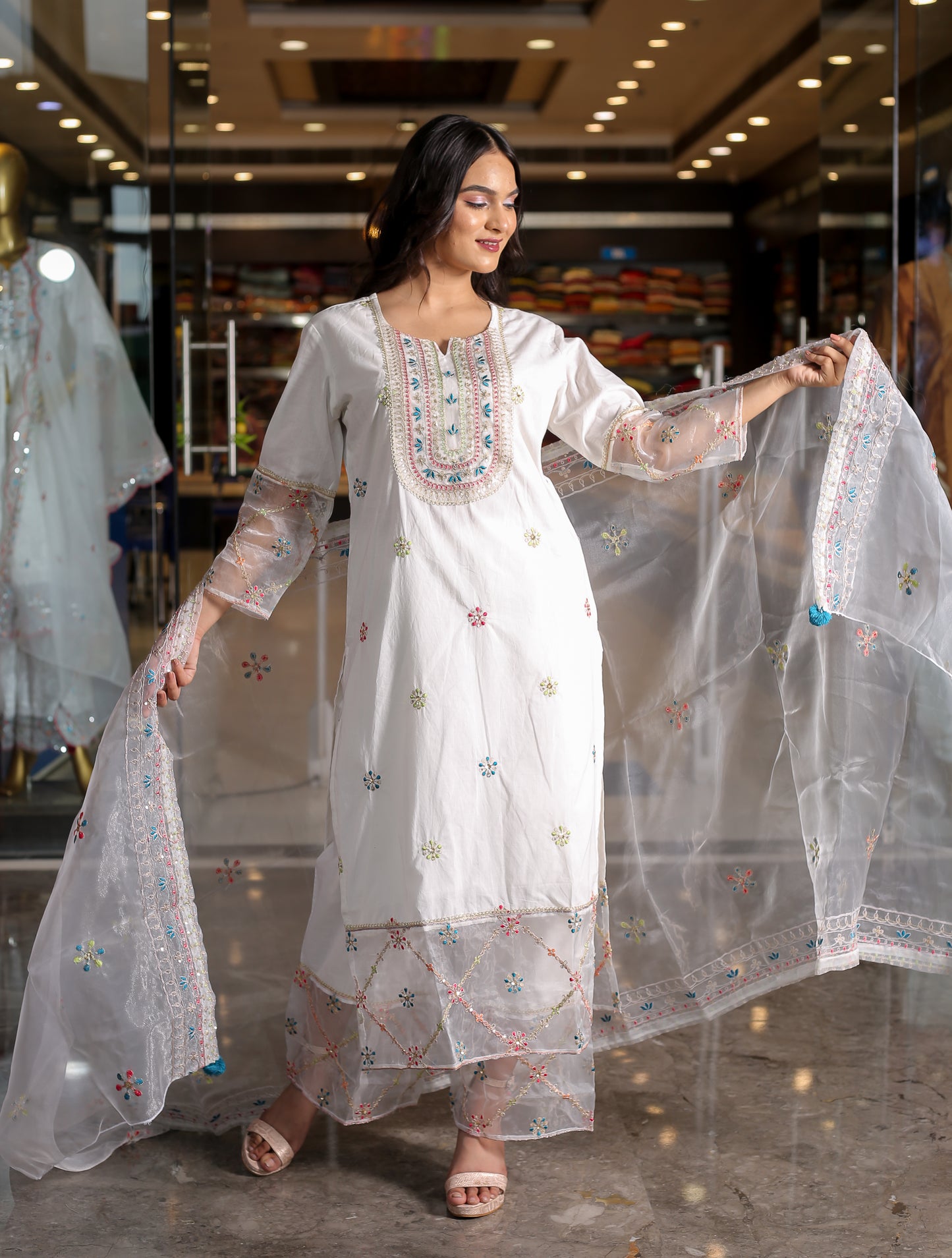 Graceful White Floral Anarkali Kurta Set