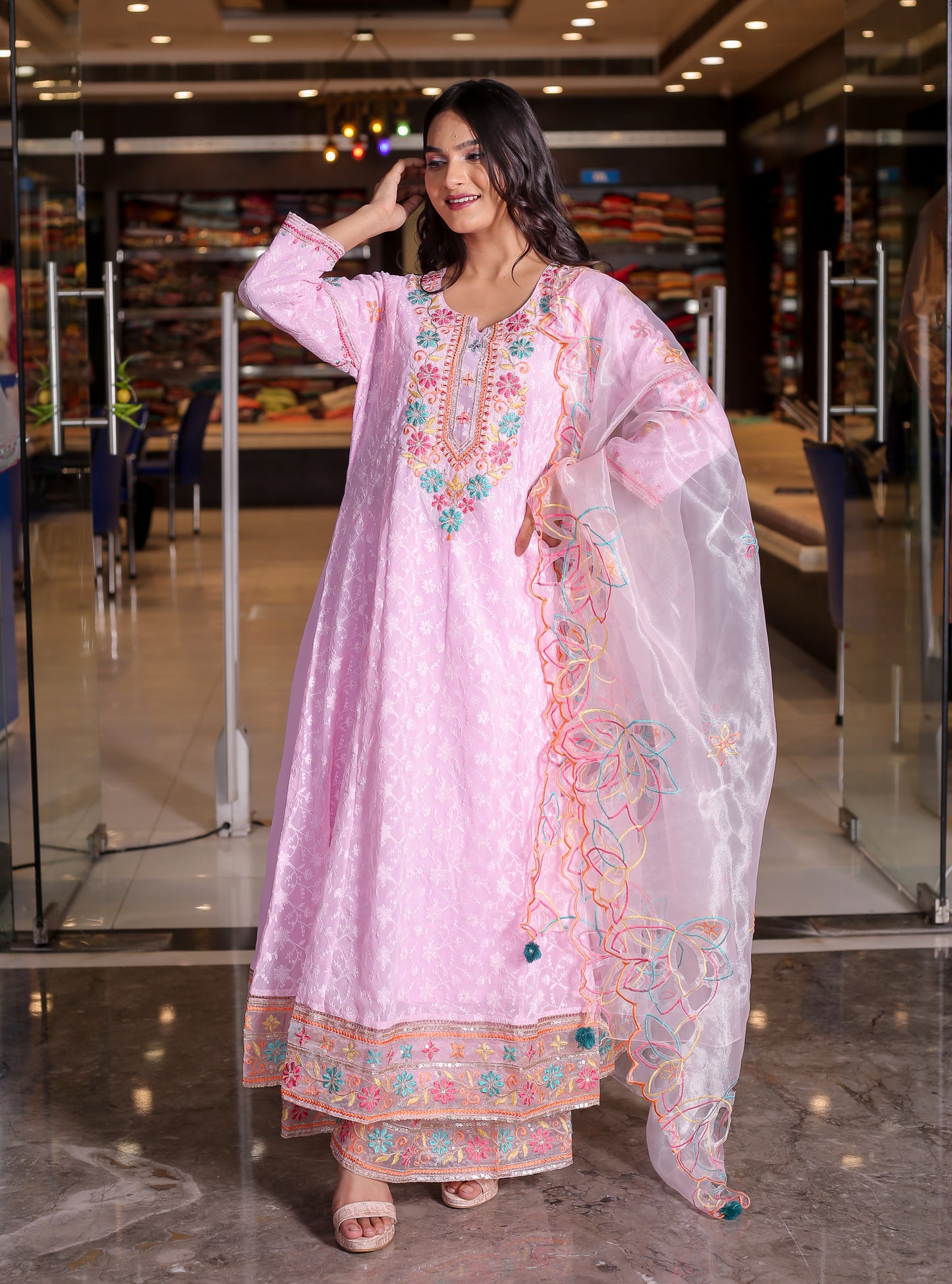 Elegant Pink Floral Anarkali Kurta Set