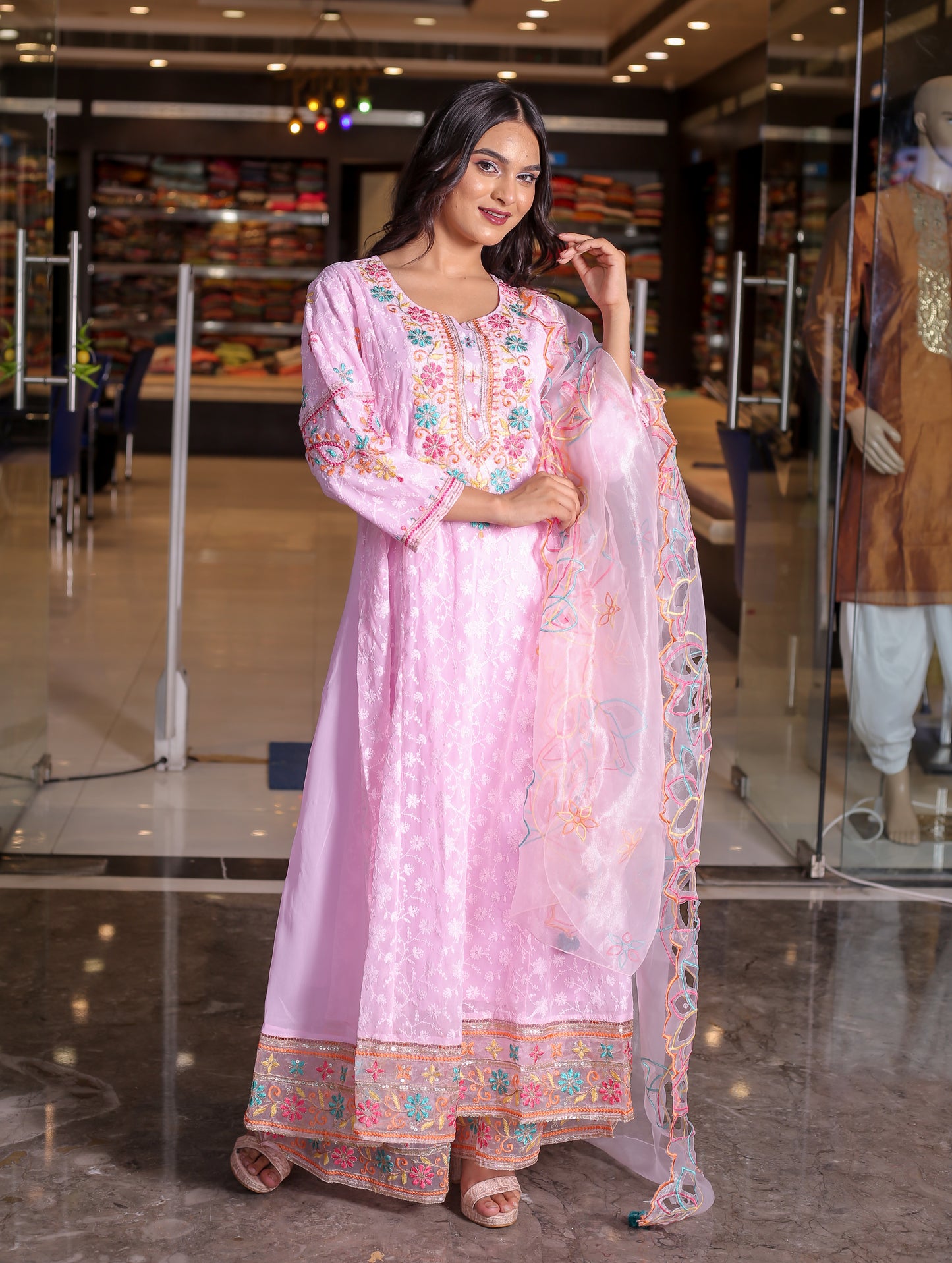 Elegant Pink Floral Anarkali Kurta Set