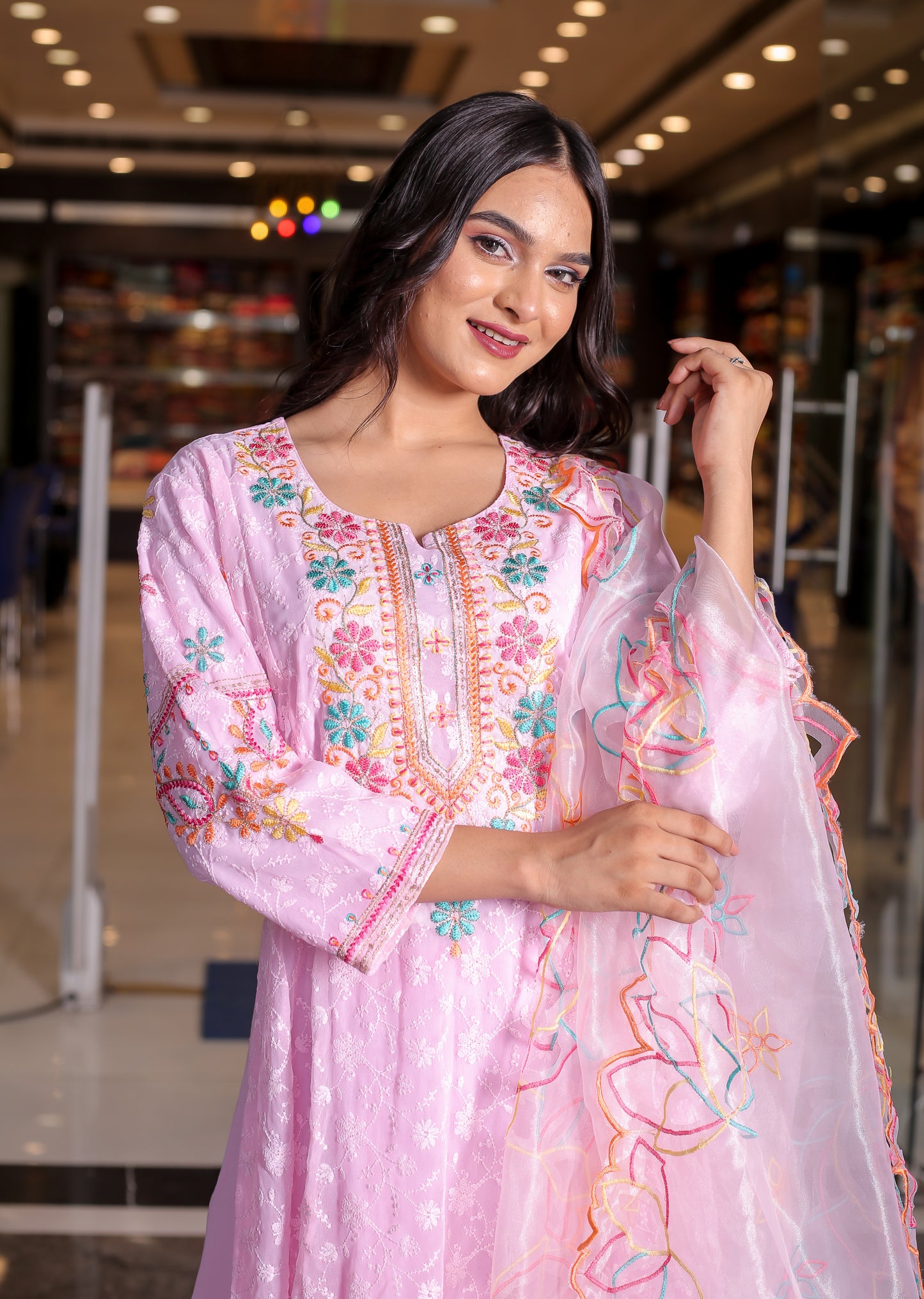 Elegant Pink Floral Anarkali Kurta Set