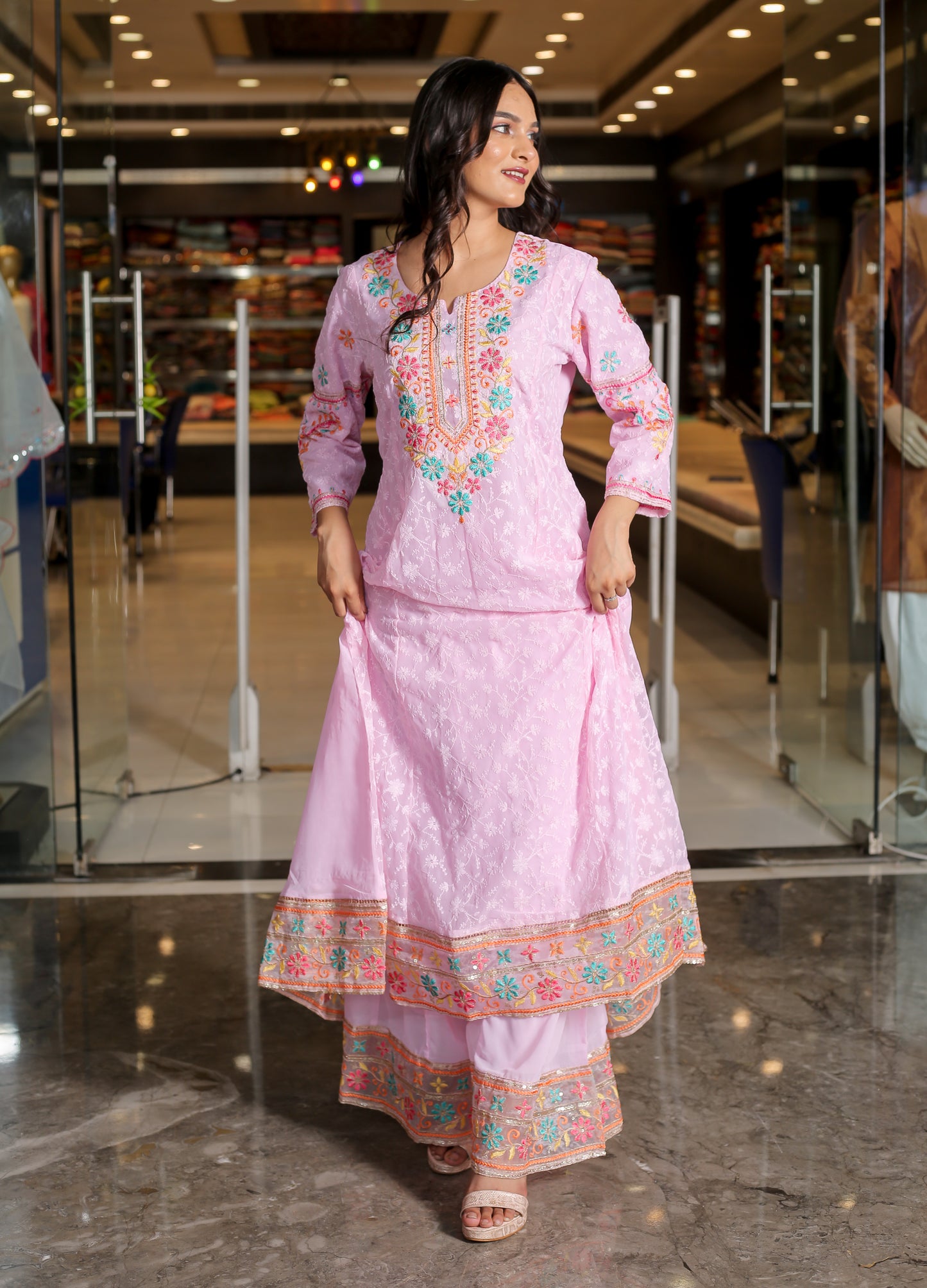 Elegant Pink Floral Anarkali Kurta Set
