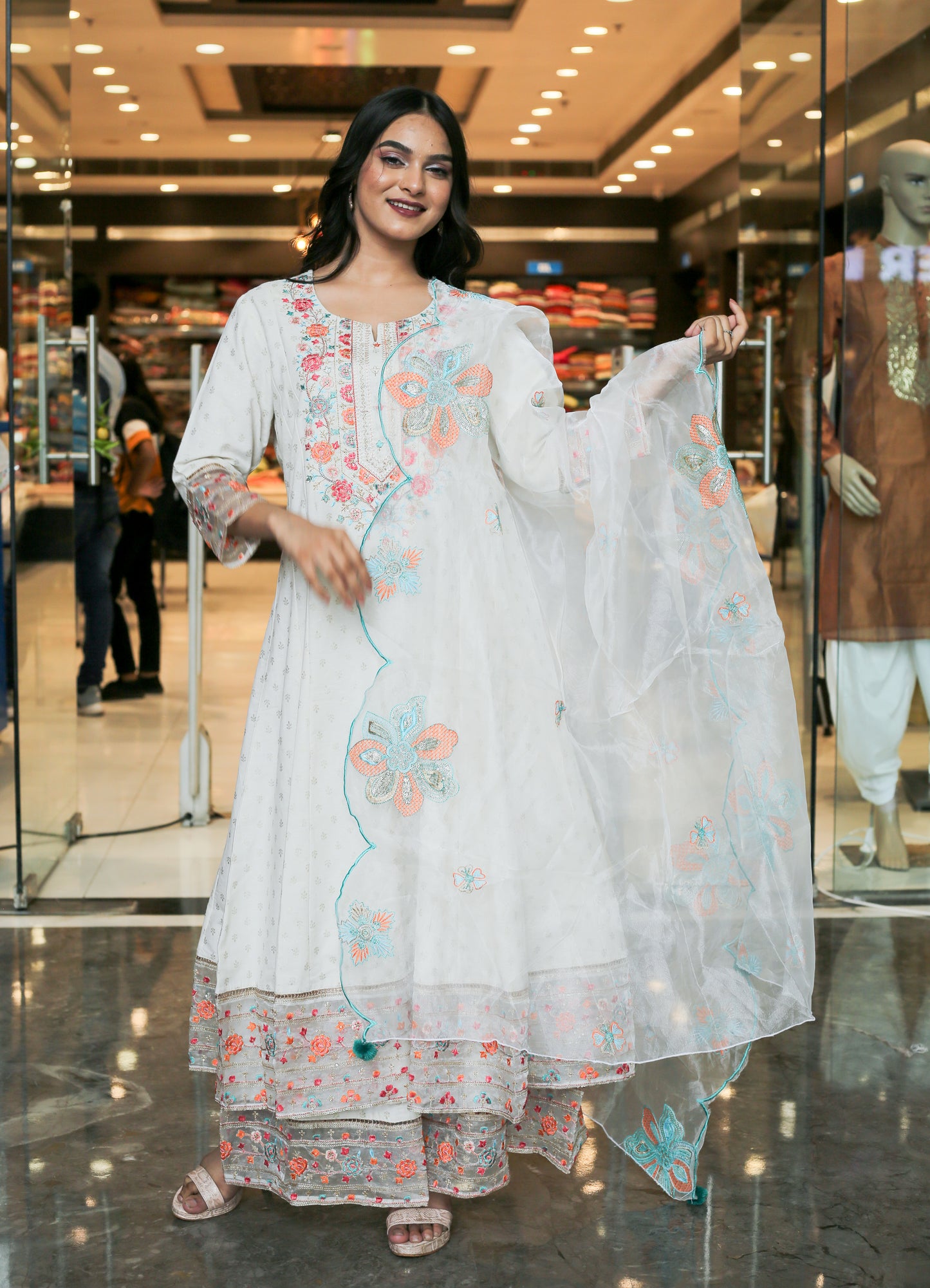 White Floral Anarkali Kurta Set