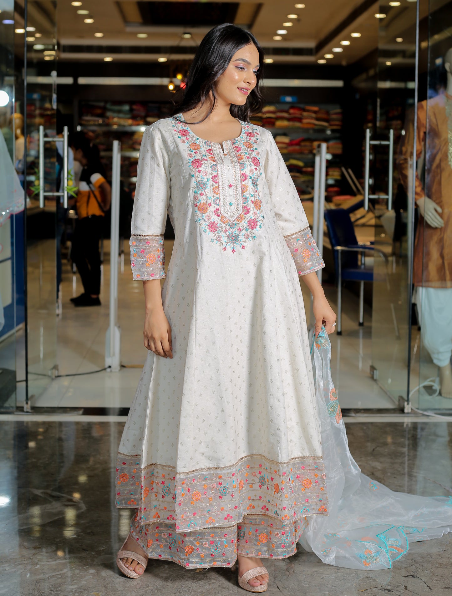 White Floral Anarkali Kurta Set