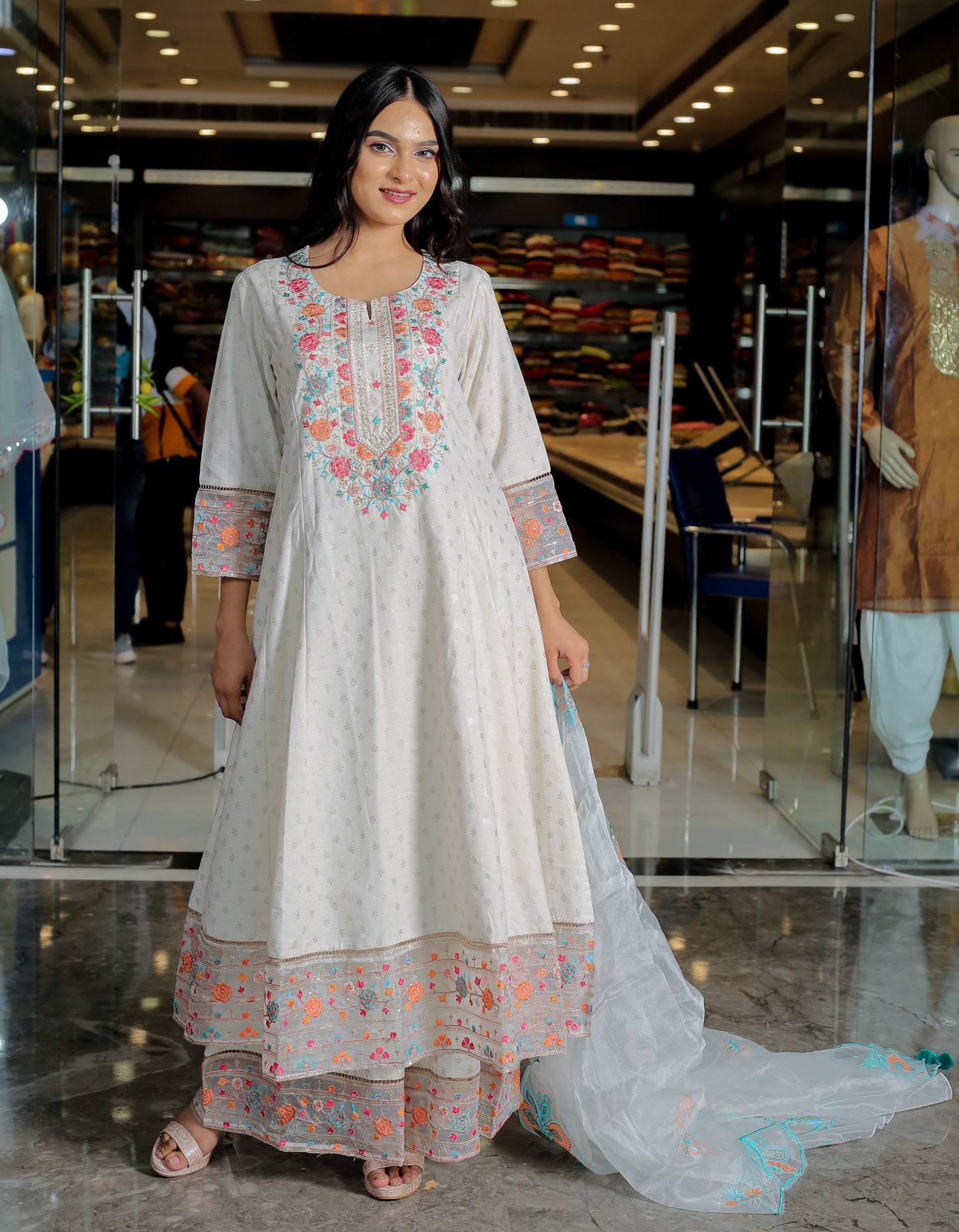 White Floral Anarkali Kurta Set