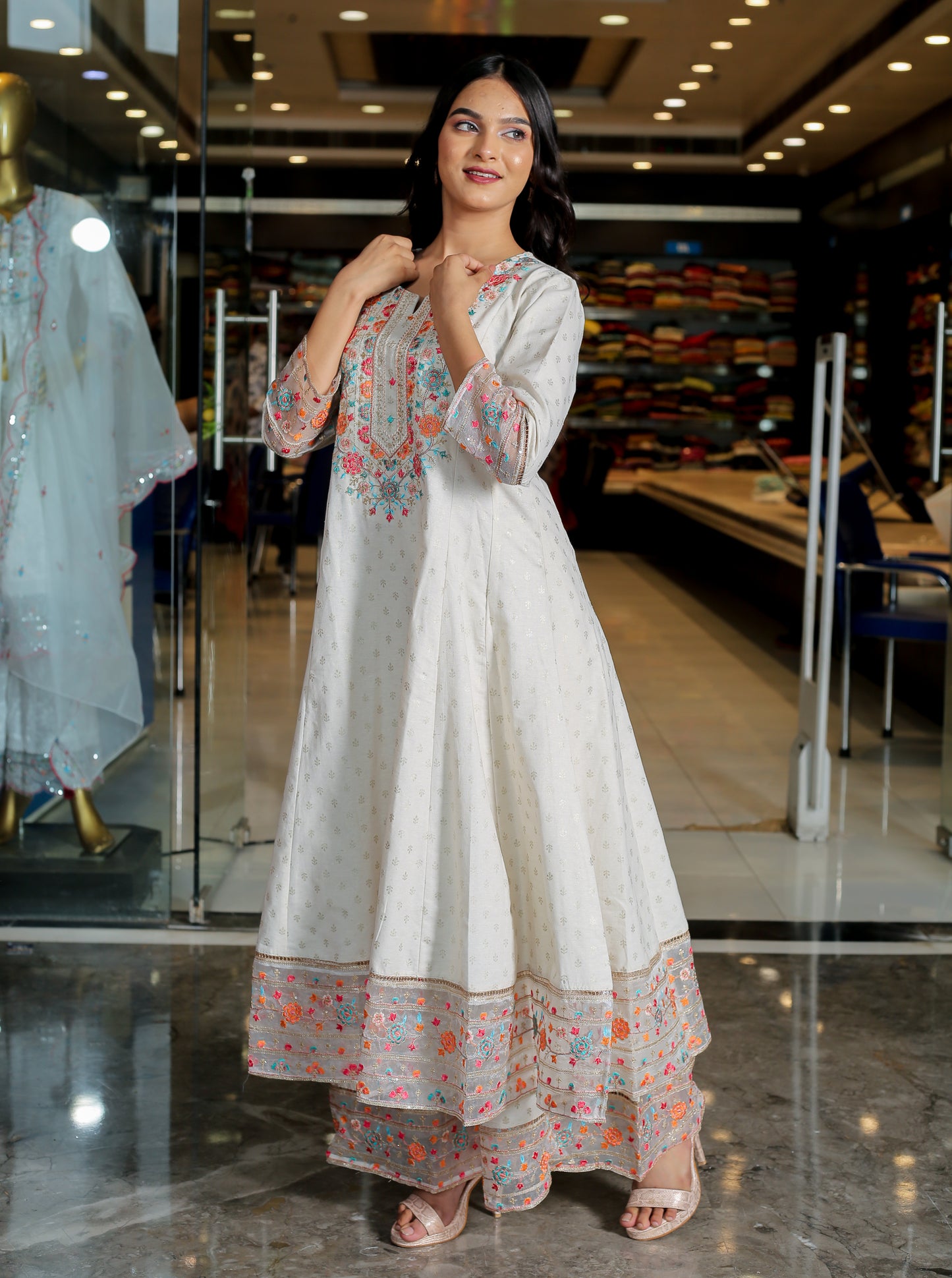 White Floral Anarkali Kurta Set