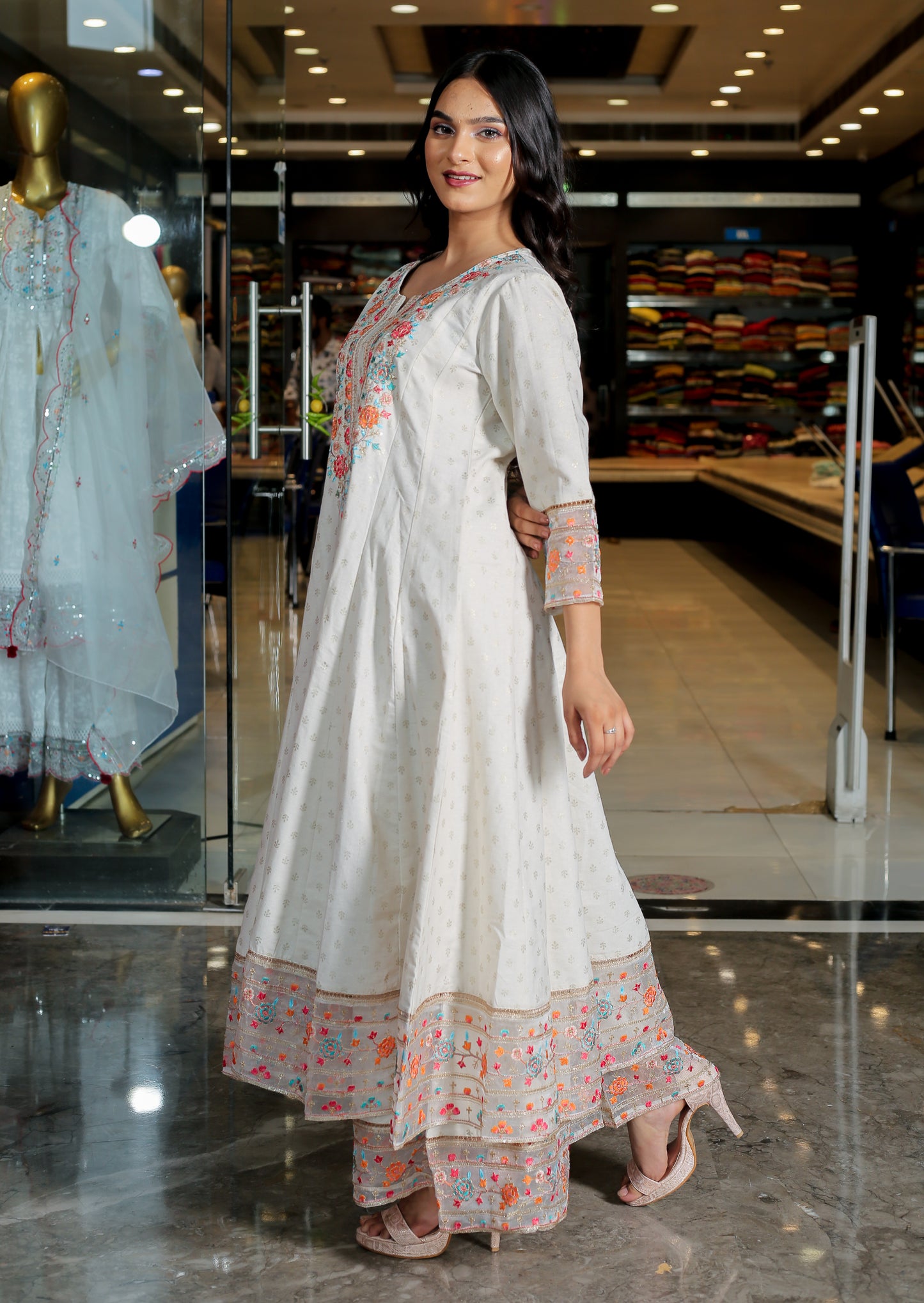 White Floral Anarkali Kurta Set
