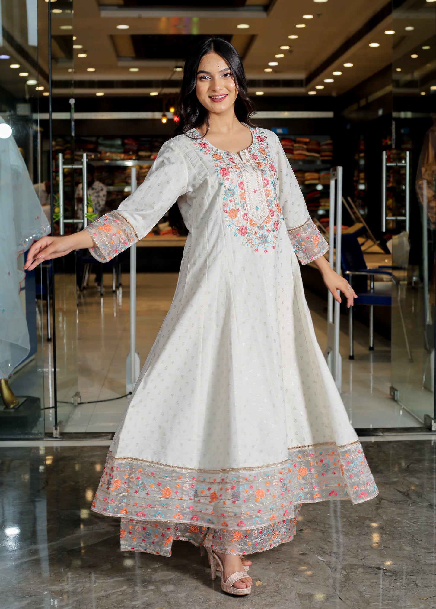 White Floral Anarkali Kurta Set