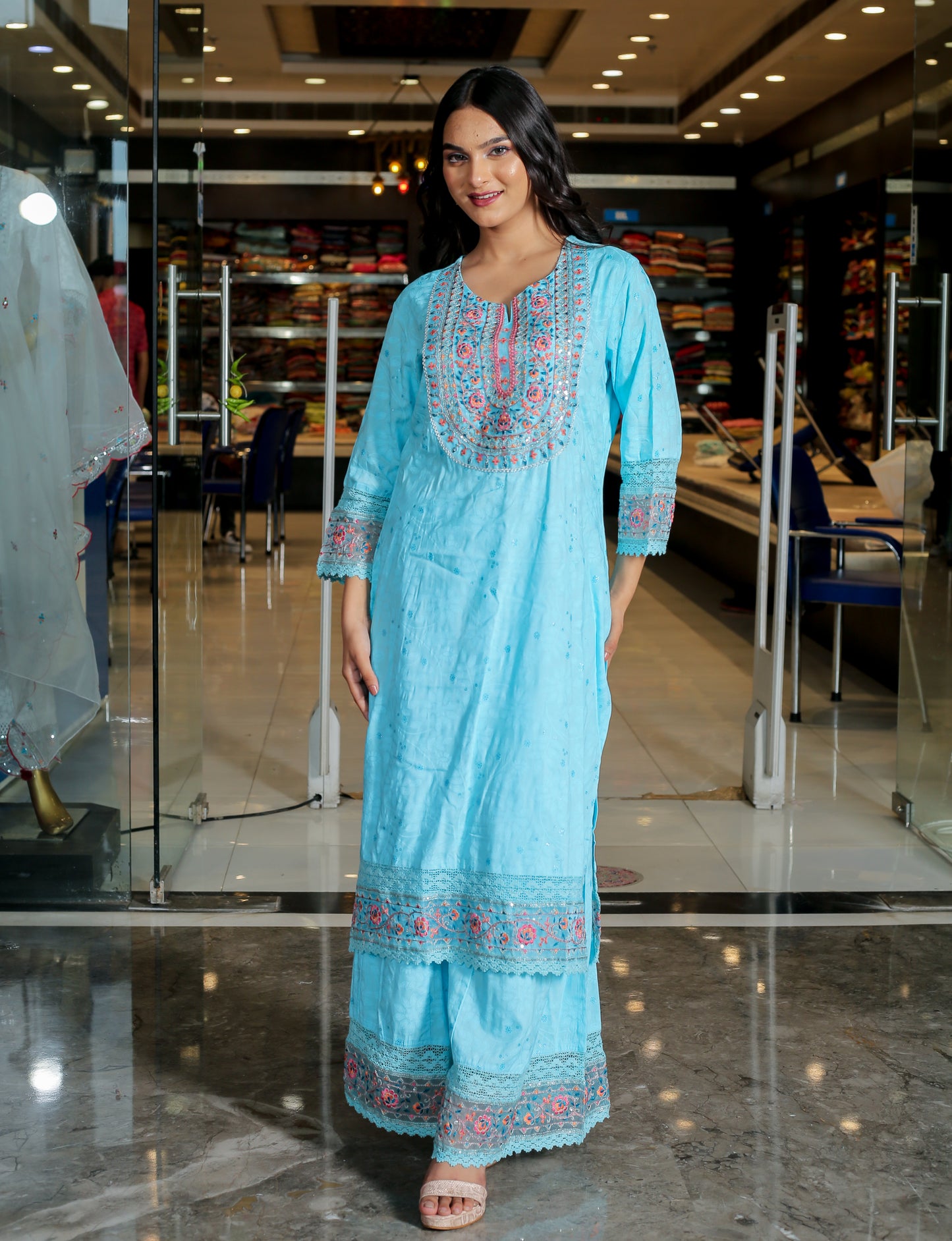 Sky Blue Floral Anarkali Kurta Set