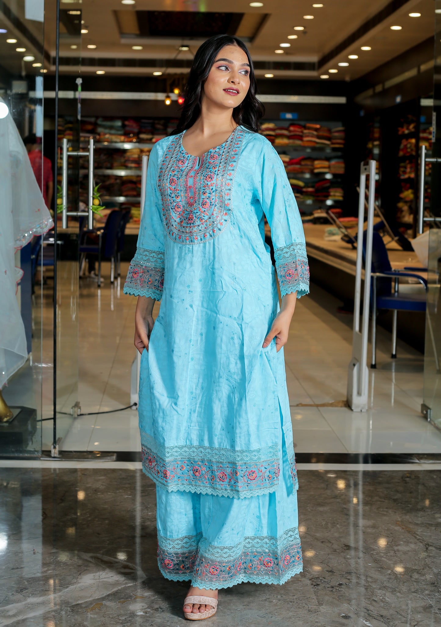 Sky Blue Floral Anarkali Kurta Set