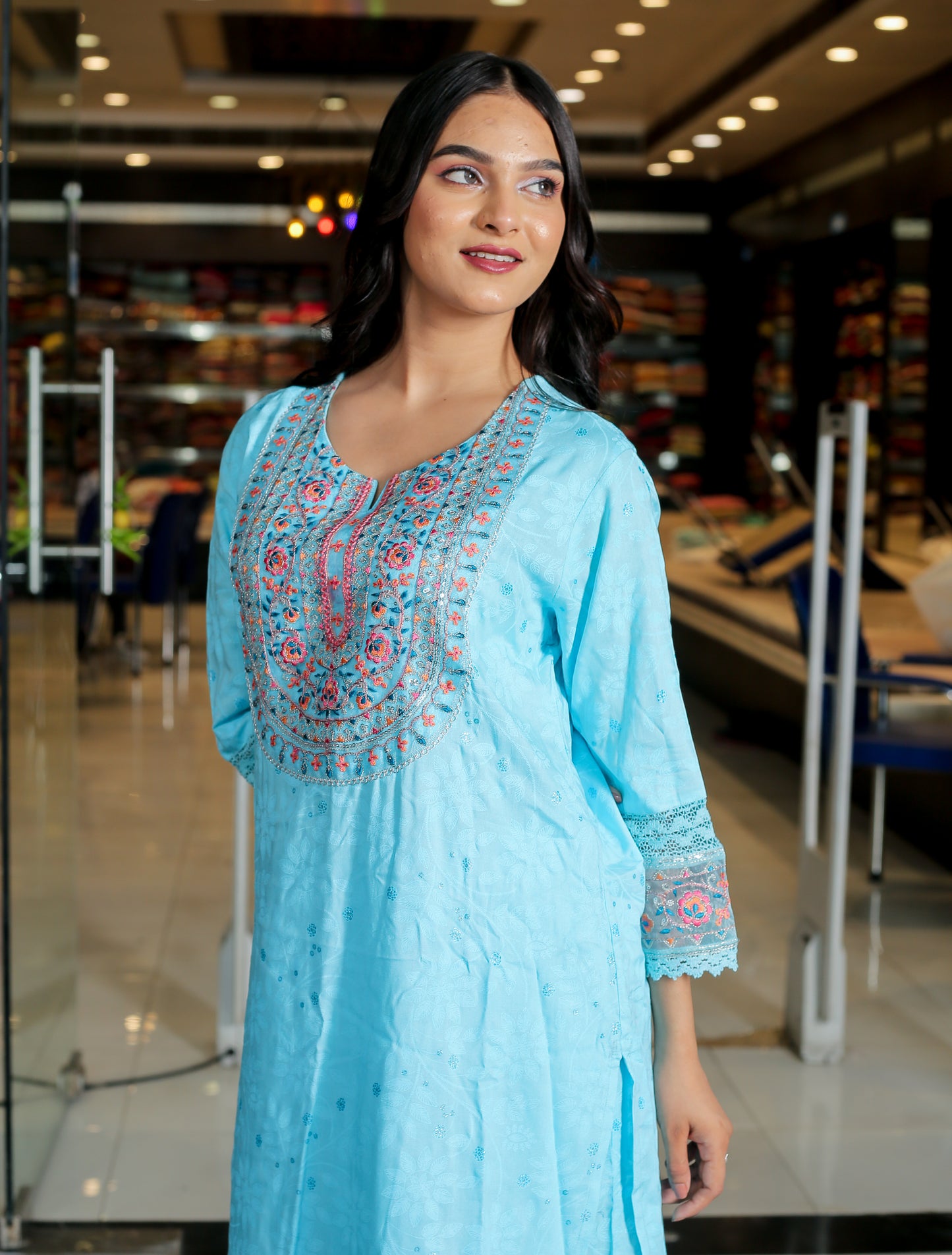 Sky Blue Floral Anarkali Kurta Set