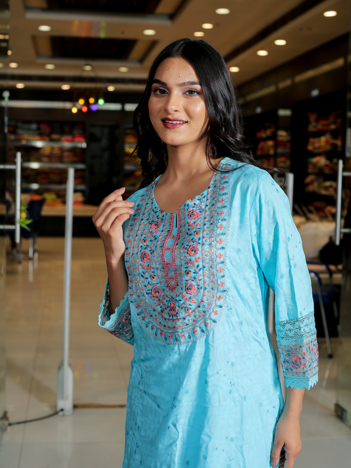 Sky Blue Floral Anarkali Kurta Set