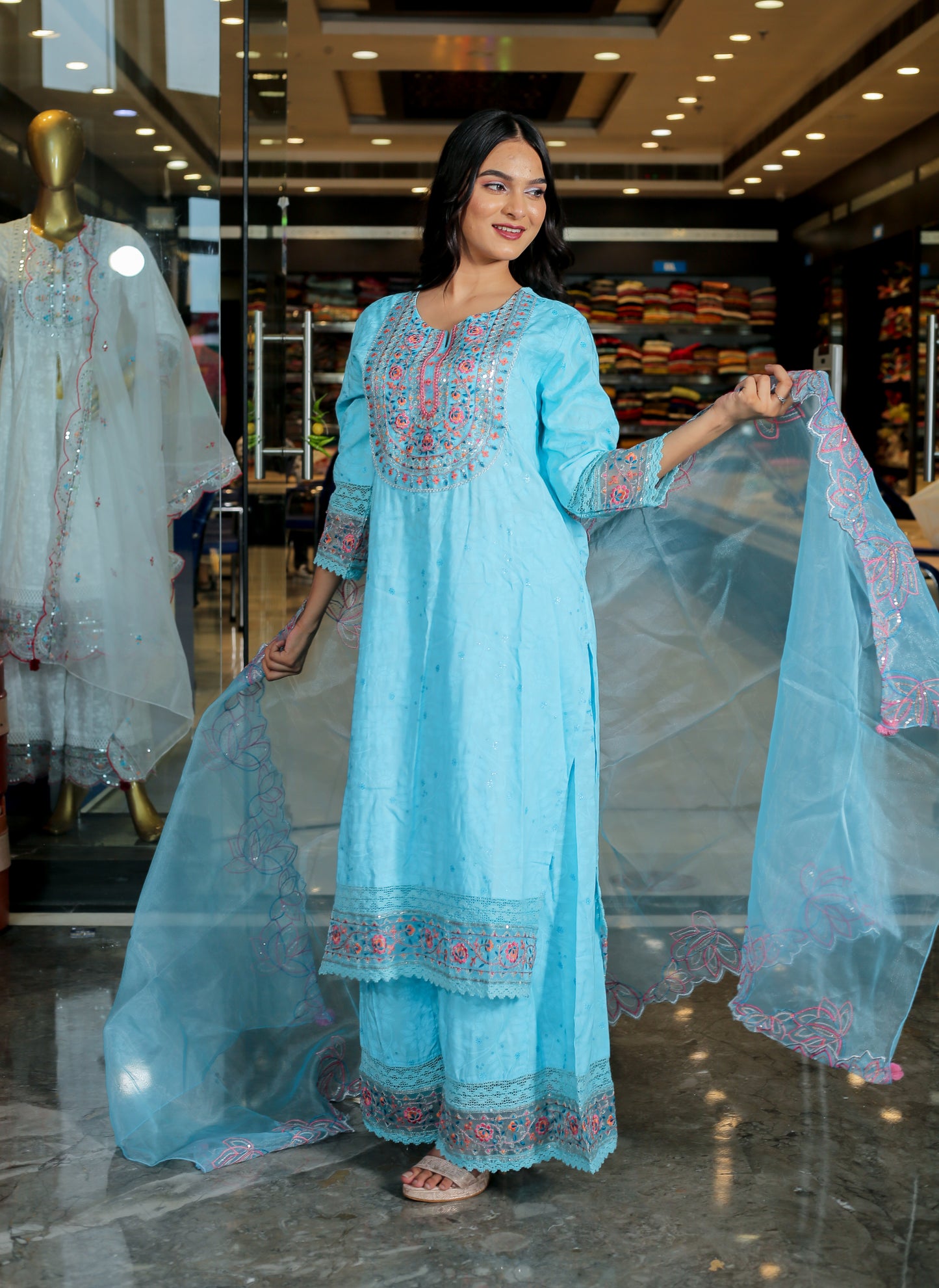 Sky Blue Floral Anarkali Kurta Set