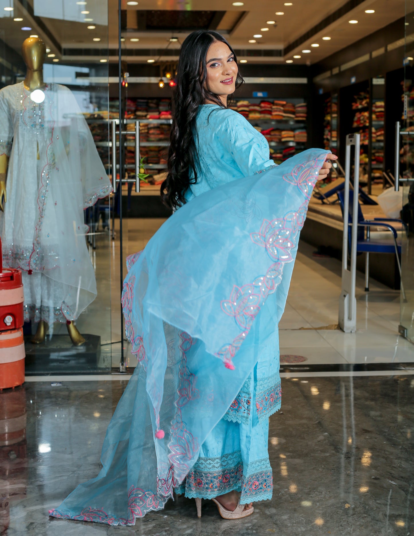 Sky Blue Floral Anarkali Kurta Set