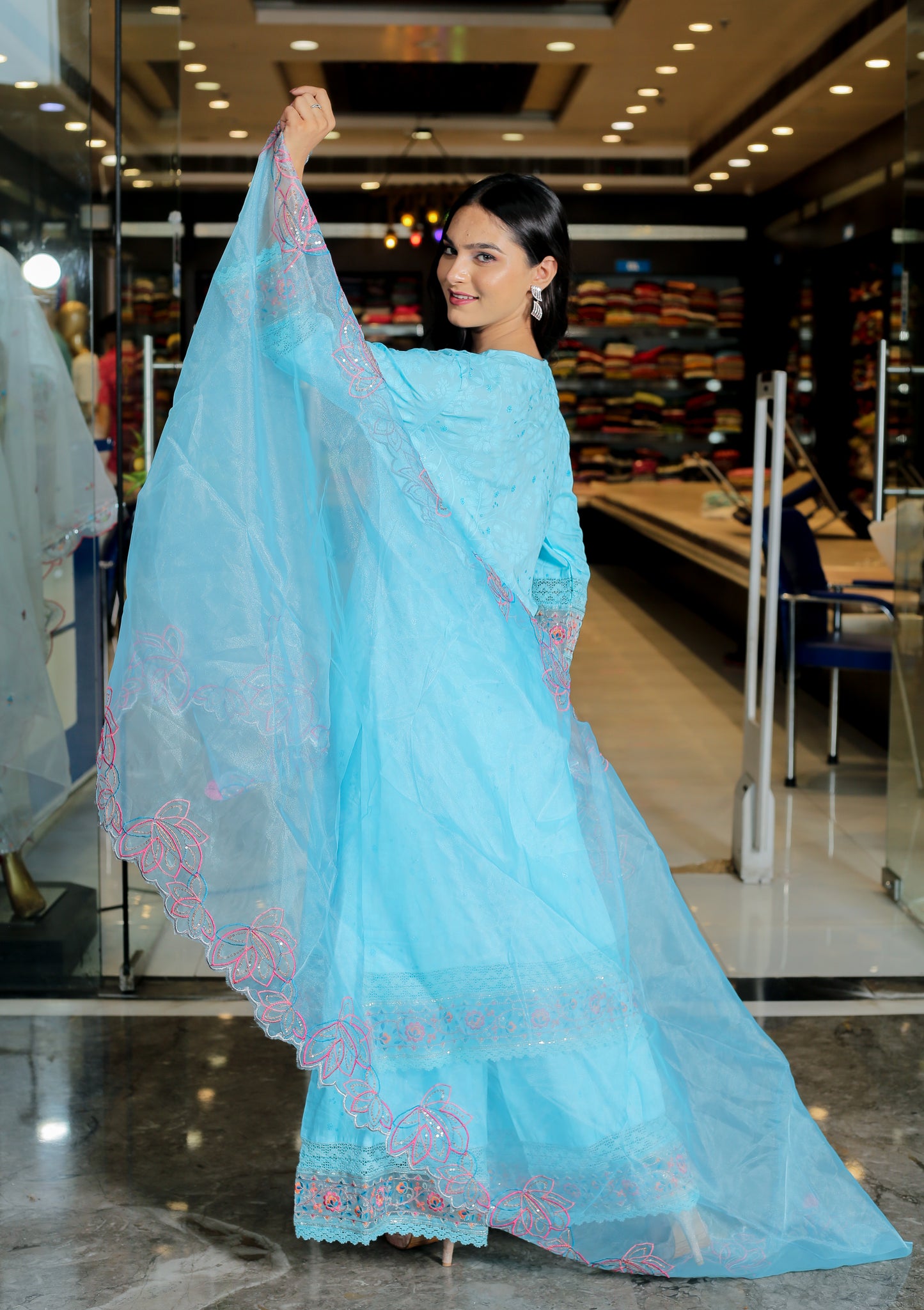 Sky Blue Floral Anarkali Kurta Set
