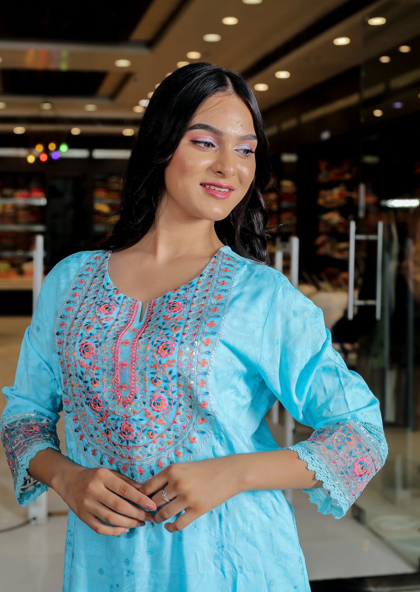 Sky Blue Floral Anarkali Kurta Set