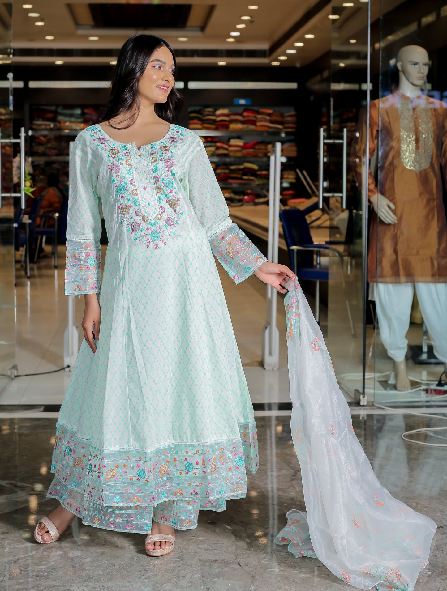Mint Green Floral Anarkali Kurta Set