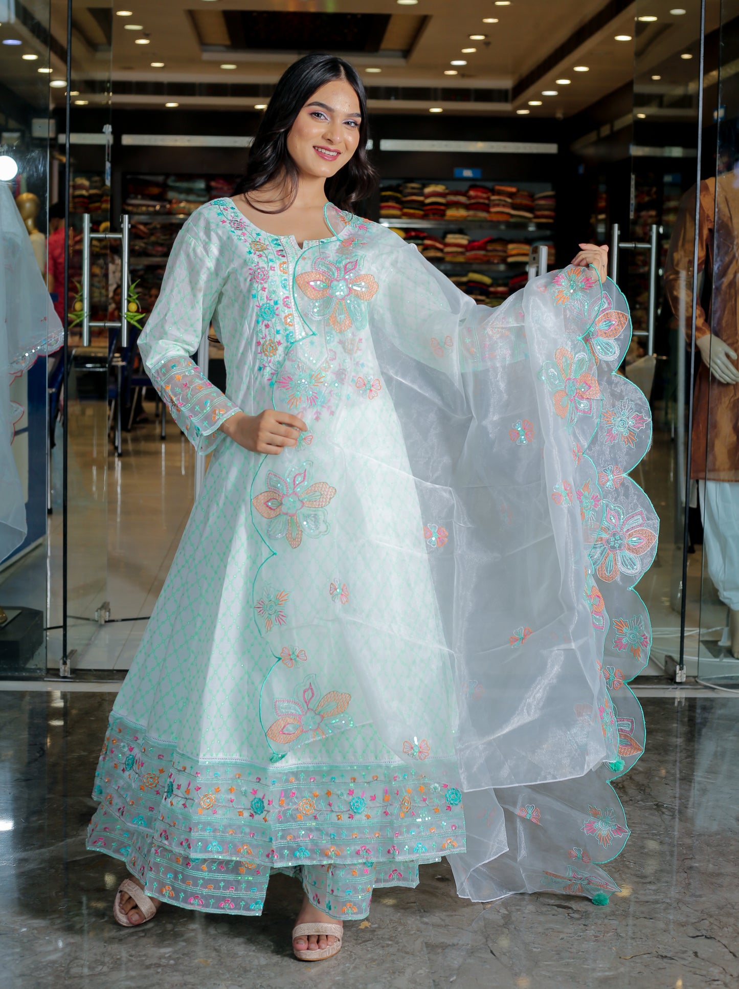 Mint Green Floral Anarkali Kurta Set