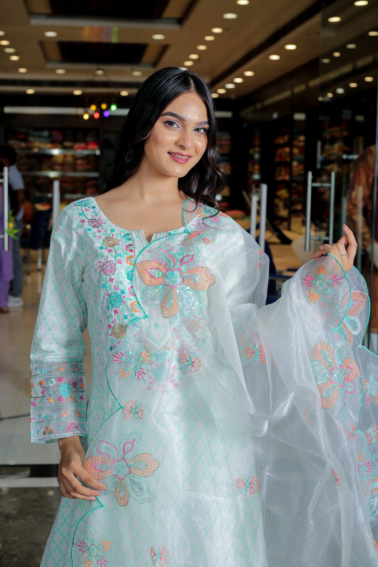 Mint Green Floral Anarkali Kurta Set