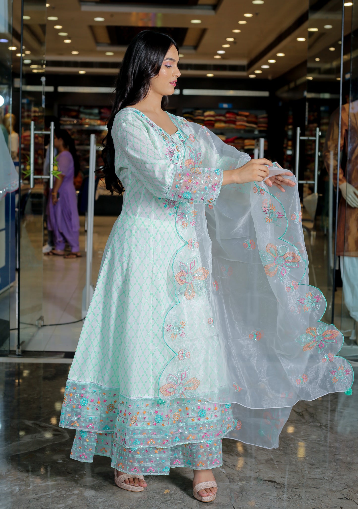 Mint Green Floral Anarkali Kurta Set