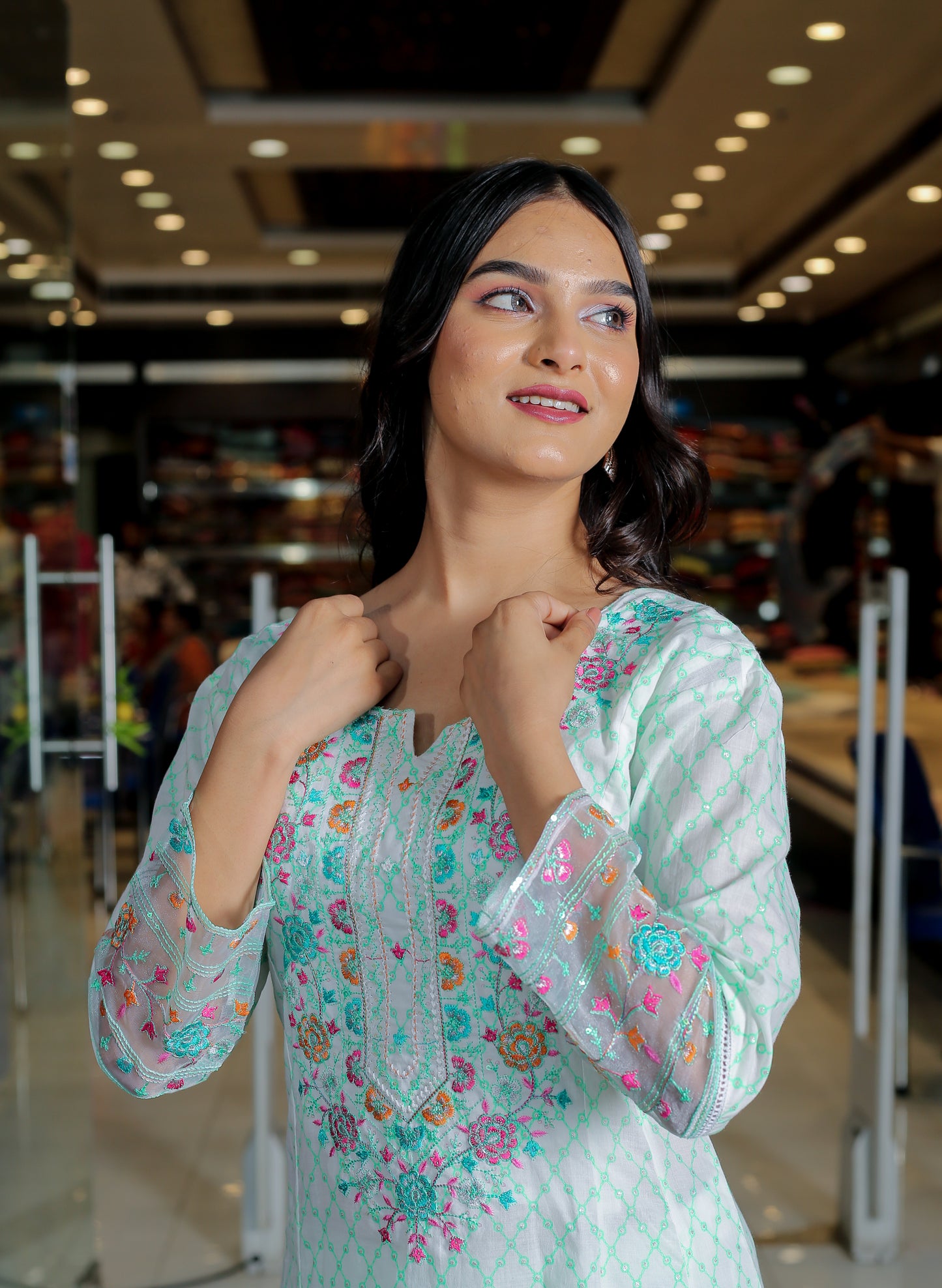 Mint Green Floral Anarkali Kurta Set