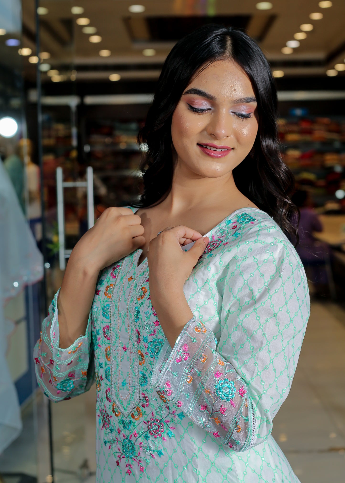 Mint Green Floral Anarkali Kurta Set