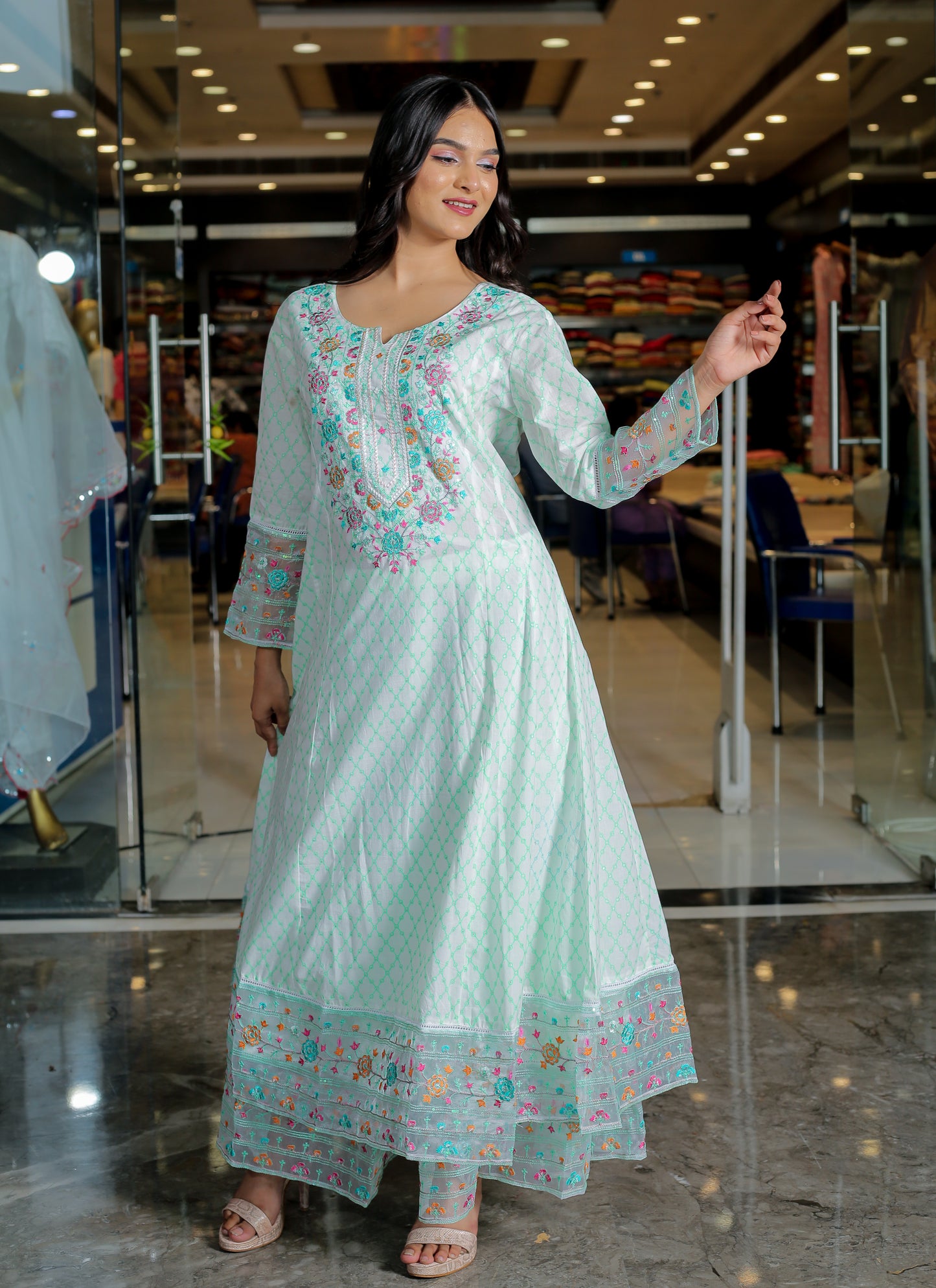 Mint Green Floral Anarkali Kurta Set