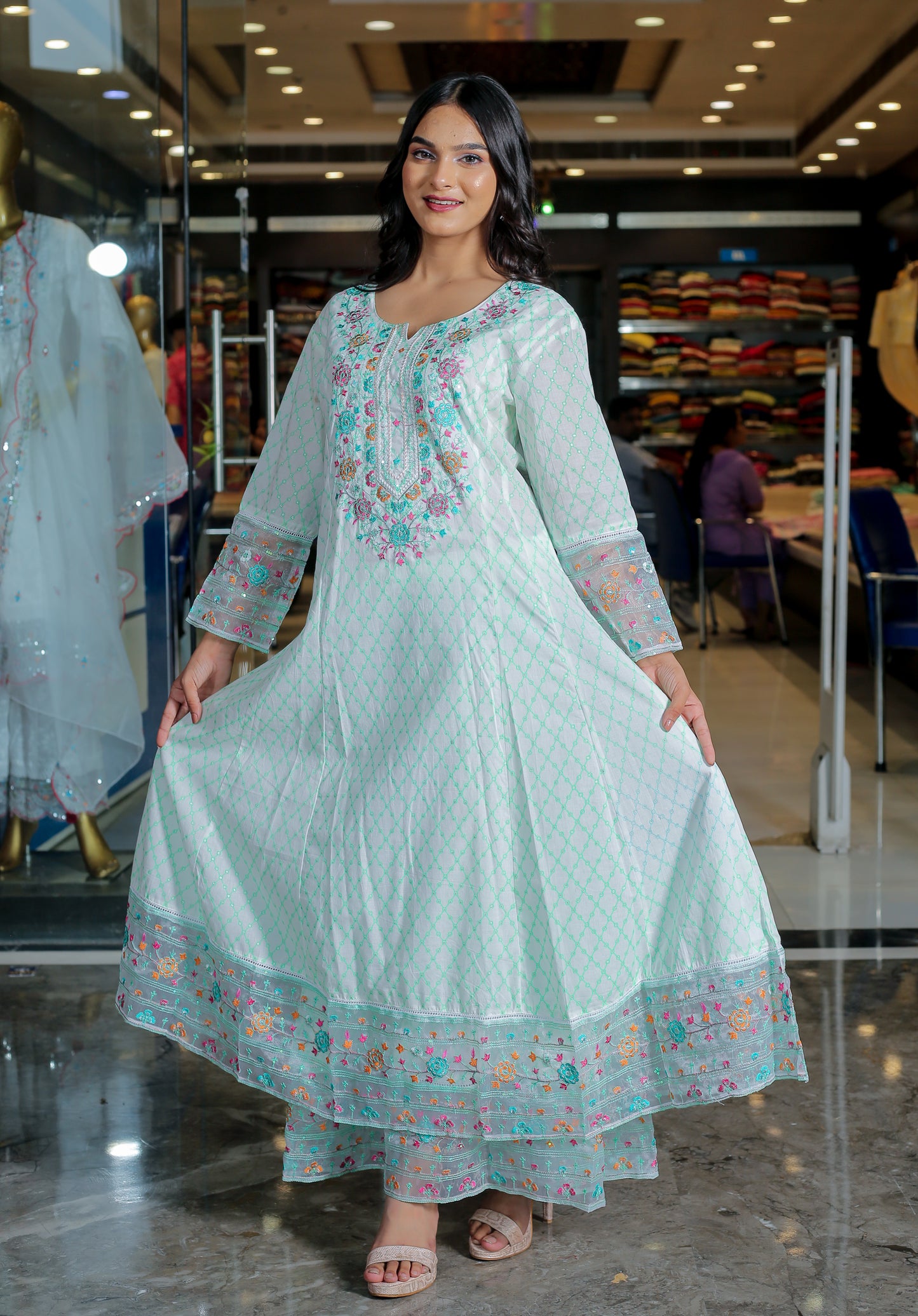 Mint Green Floral Anarkali Kurta Set