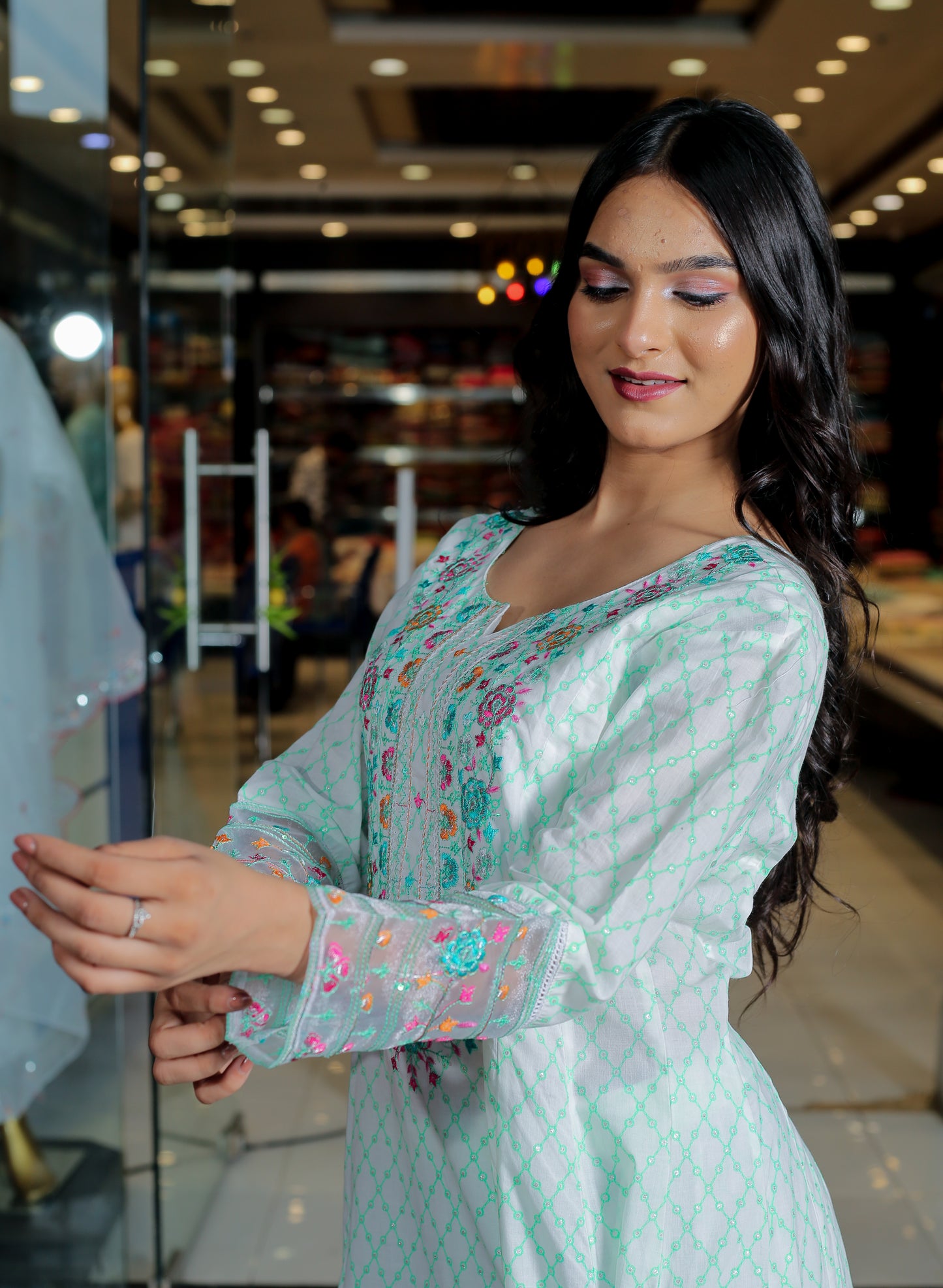 Mint Green Floral Anarkali Kurta Set