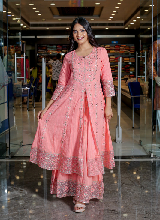 RAMA'S Light Coral Pink Color Anarkali Cotton Set With Dupatta