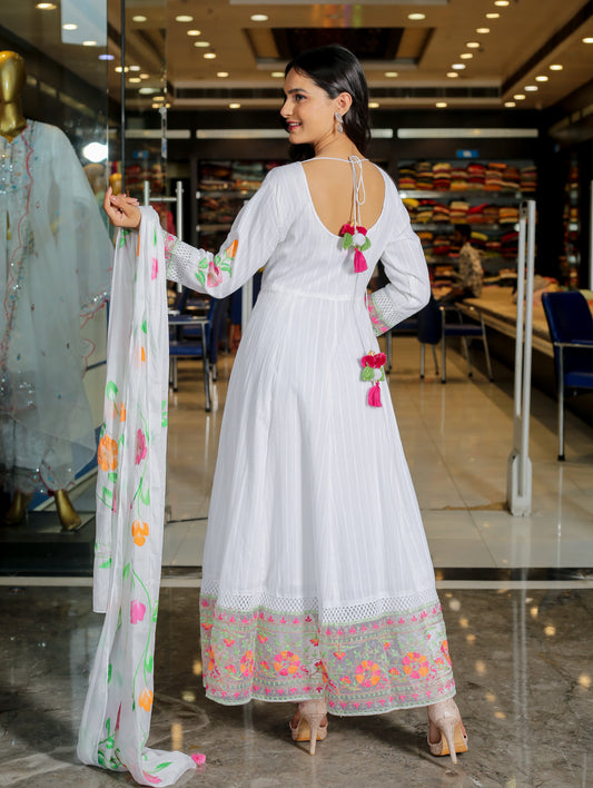 RAMA'S White Color Anarkali Cotton Set With Dupatta