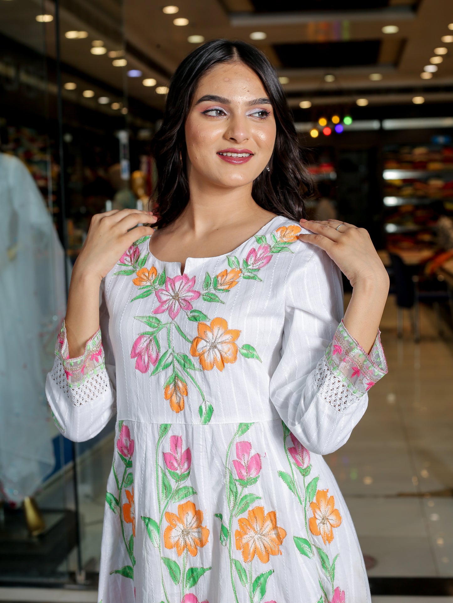 Timeless Elegance in White – Floral Anarkali Kurta Set